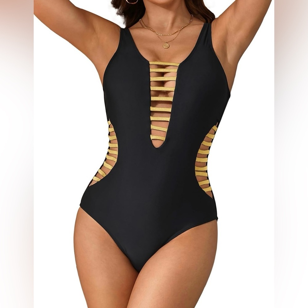 Aqua Eve Women Sexy One Piece Swimsuits Plunge Deep V Neck Cutout Bathing Suits - Picture 3 of 7